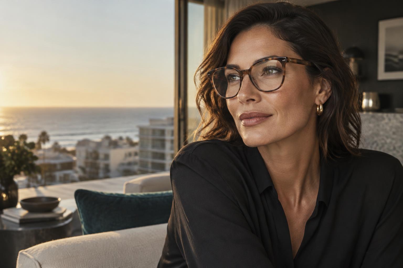 Woman wearing distinctive optical frames overlooking Sea Point